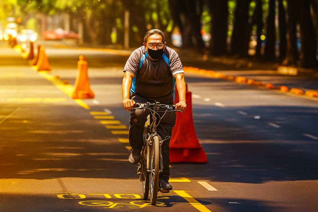 Hombre adulto circulando por una ciclovía delimitada con conos naranjas en una avenida de la CDMX, usando cubrebocas y bicicleta como medio de transporte seguro y sostenible en Insurgentes.