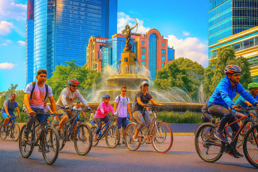 Grupo de personas utilizando la bicicleta como tipo de transporte sostenible en una zona urbana de la CDMX, frente a la Fuente de la Diana Cazadora, promoviendo la movilidad activa, la calidad del aire y el uso de ciclovías.
