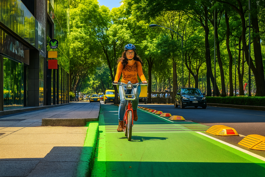 Mujer joven utilizando la bicicleta en una ciclovía segura y delimitada en zona urbana de la Ciudad de México, promoviendo la movilidad activa, el tipo de transporte sostenible y la mejora en la calidad del aire.