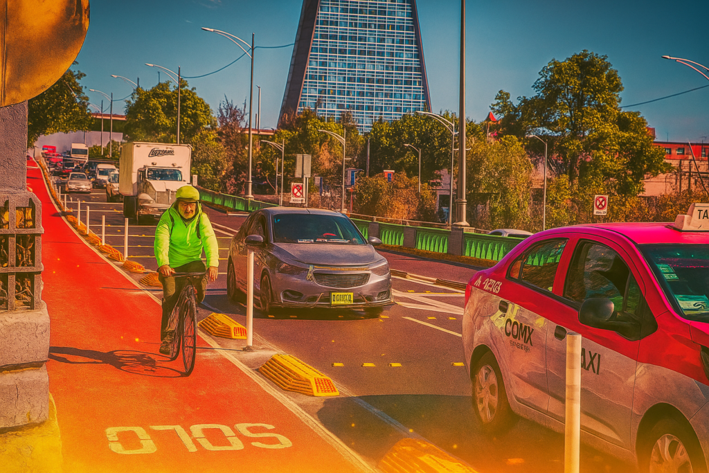 Ciclista circulando por una ciclovía exclusiva en zona urbana de insurgentes de la CDMX, junto a vehículos y transporte público, destacando el uso de la bicicleta como tipo de transporte seguro y sostenible.