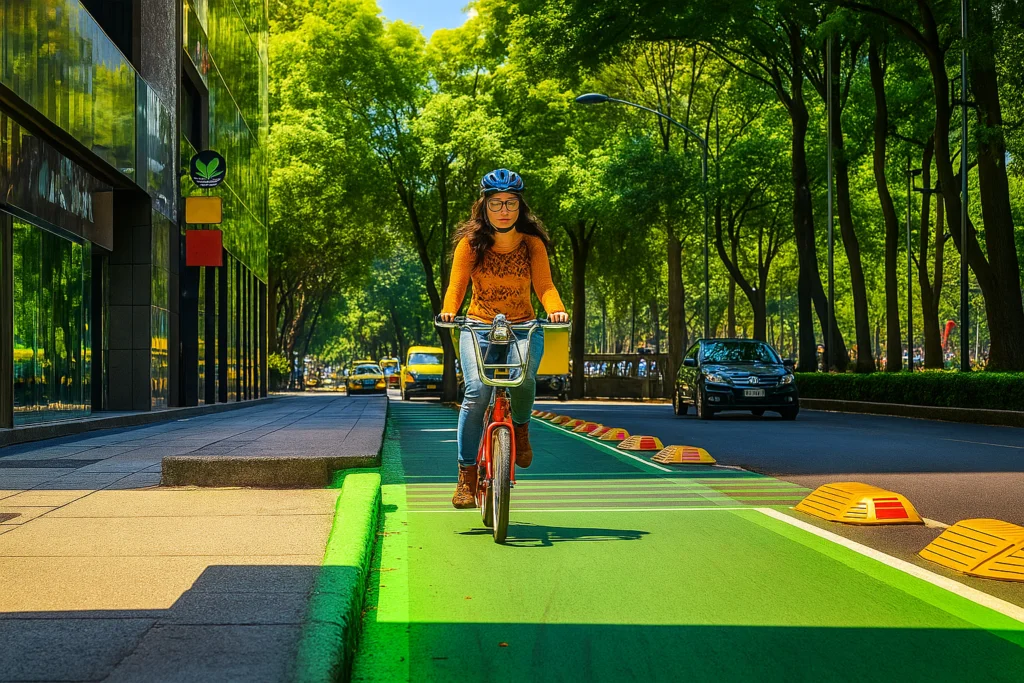 Mujer joven utilizando la bicicleta en una ciclovía segura y delimitada en zona urbana de la Ciudad de México, promoviendo la movilidad activa, el tipo de transporte sostenible y la mejora en la calidad del aire.