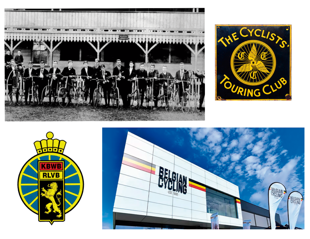 Fotografía histórica del Cyclists’ Touring Club en Reino Unido y emblemas de Belgian Cycling, una de las federaciones ciclistas más antiguas del mundo, dedicada a la formación de ciclistas y promoción del uso seguro de la bicicleta desde 1882.