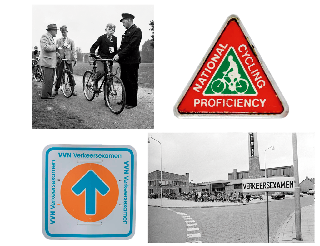 Fotografías del examen de aptitud ciclista del Reino Unido (Cycling Proficiency Test) y del Verkeersexamen de los Países Bajos, programas pioneros en educación vial infantil y formación de ciclistas seguros desde edades tempranas.