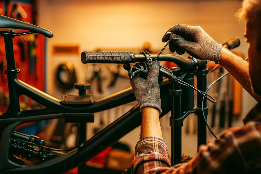 Mecánico ajustando frenos durante el cuidado y mantenimiento de una bici de montaña en taller especializado.