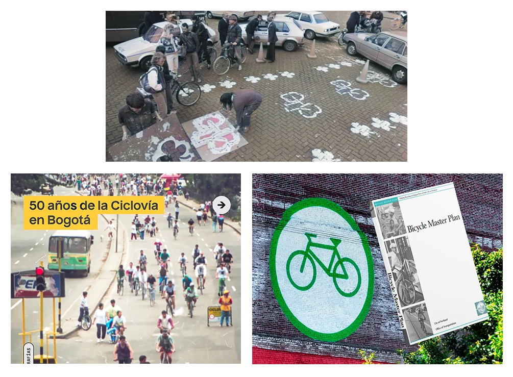 Activistas pintando espacios para bicicletas, ciclovía dominical en Bogotá y portada del plan maestro de Portland para infraestructura ciclista.