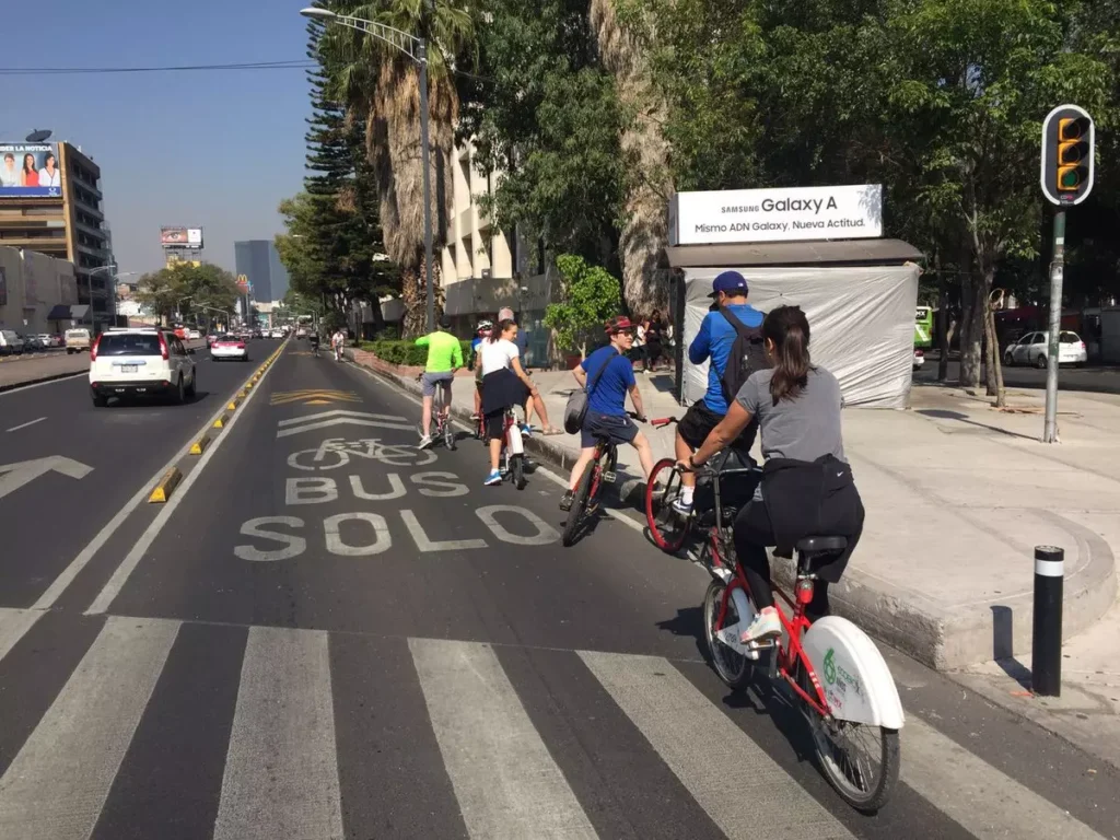 Personas en bicicleta utilizando un carril exclusivo para autobuses y ciclistas en una avenida urbana, uno de los tipos de ciclovías que se adapta a vialidades existentes.
