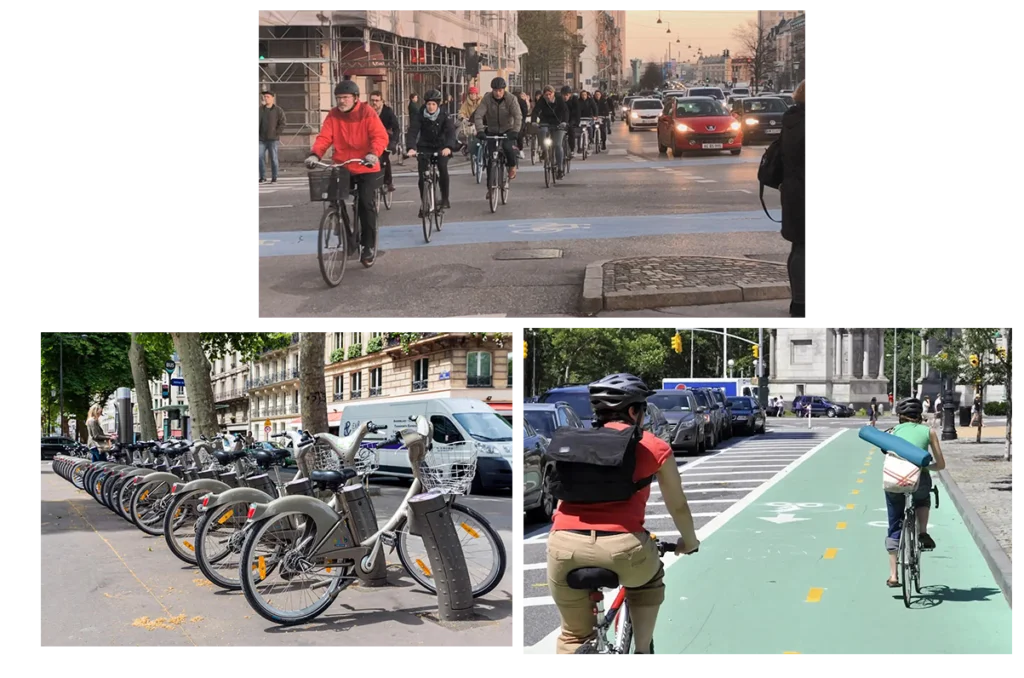 Ciclistas urbanos en París y Nueva York usando carriles exclusivos y sistemas de bicicletas compartidas como parte de la evolución de las ciclovías.