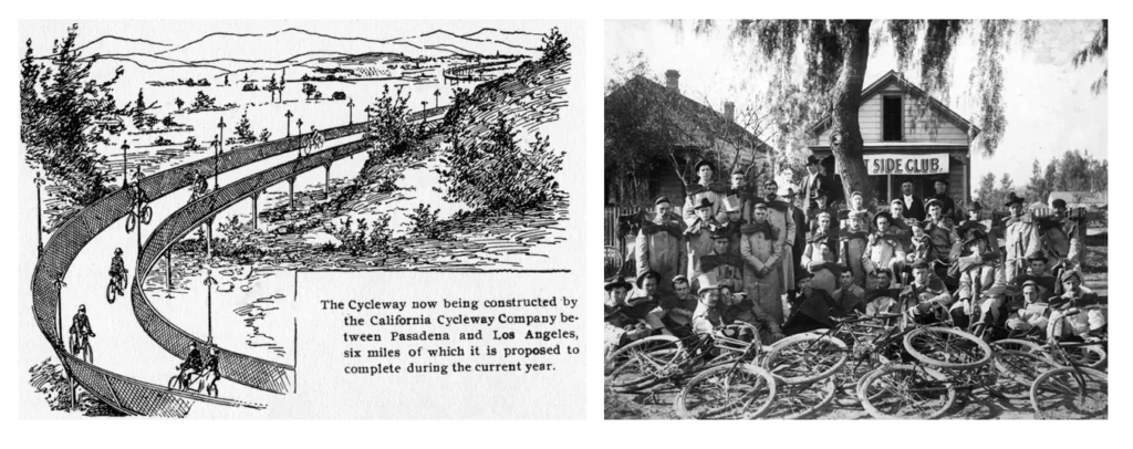 Ilustración de la primera ciclovía elevada en Pasadena y fotografía histórica de ciclistas, parte de la historia de la ciclovía en sus inicios.
