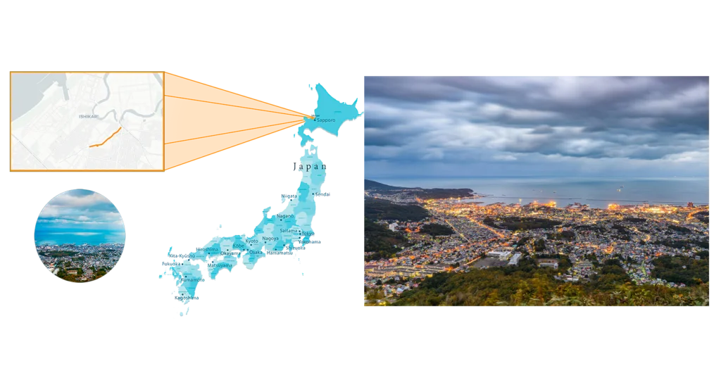 Paisaje costero de Ishikari en Japón, ejemplo de ciudades ciclistas pequeñas que integran rutas en entornos naturales y urbanos.