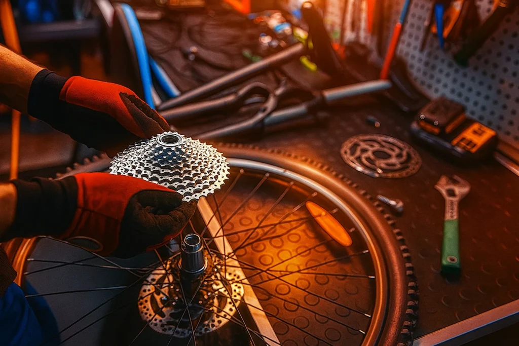 Cambio de cassette y revisión de transmisión como parte del mantenimiento de bicicleta para un pedaleo más seguro y eficiente.