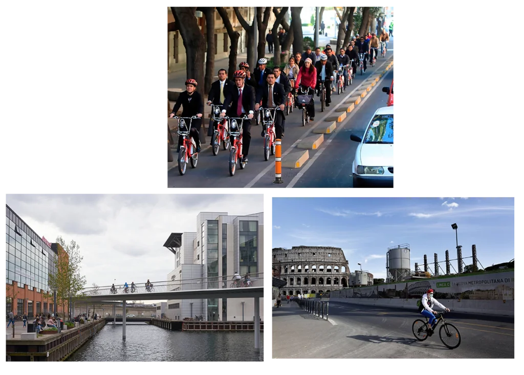 Bicicletas públicas en Ciudad de México, ciclovía elevada en Copenhague y ciclista junto al Coliseo en Roma, ejemplos de movilidad sustentable.