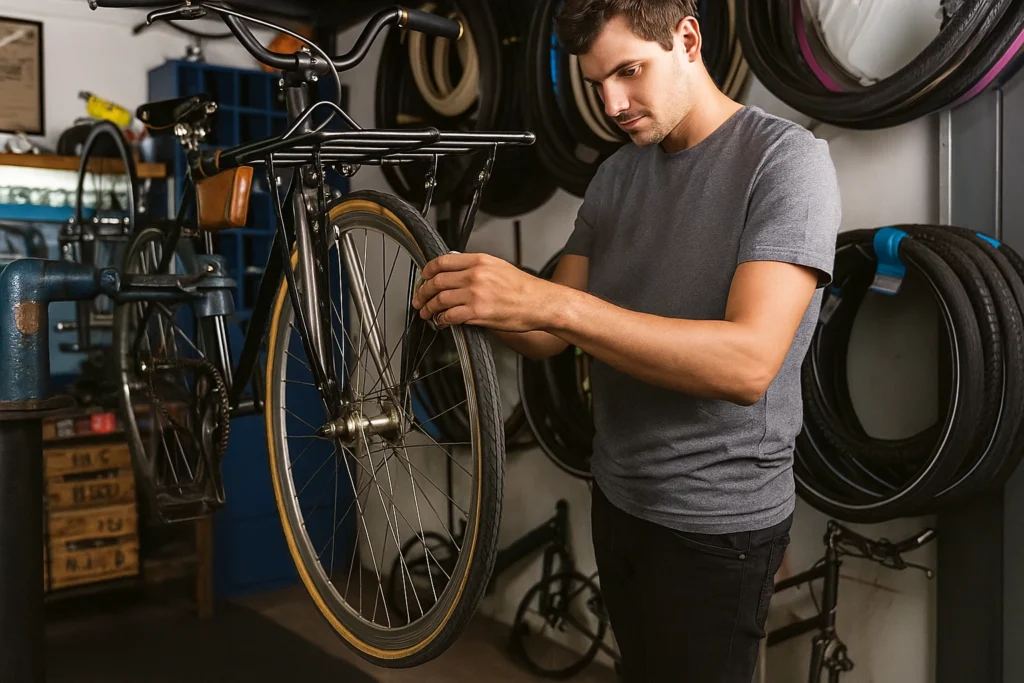 Ciclista revisando llanta y neumático en el proceso de cuidado y mantenimiento de una bici urbana.
