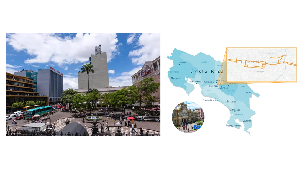 Centro urbano de San José, Costa Rica, referente en ciudades ciclistas medianas por sus ciclovías que enlazan áreas clave y zonas turísticas.