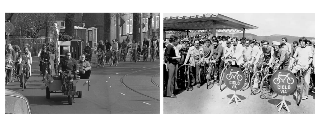 Protestas y recorridos masivos en bicicleta en los Países Bajos y primeras ciclovías en Bogotá durante la década de 1970.