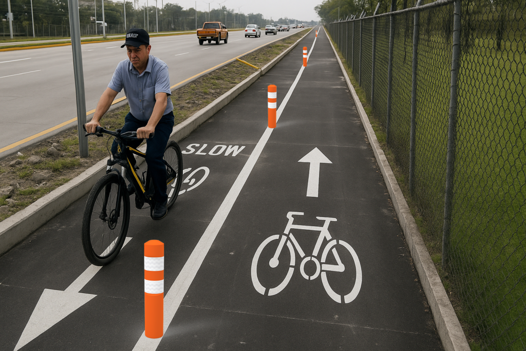 Ciclovía bidireccional con señalización horizontal e hitos color naranja para zonas de tránsito moderado.