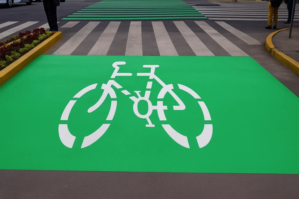 Caja de espera ciclista pintada en verde en un cruce con semáforo, área destinada a dar prioridad y seguridad a ciclistas urbanos.