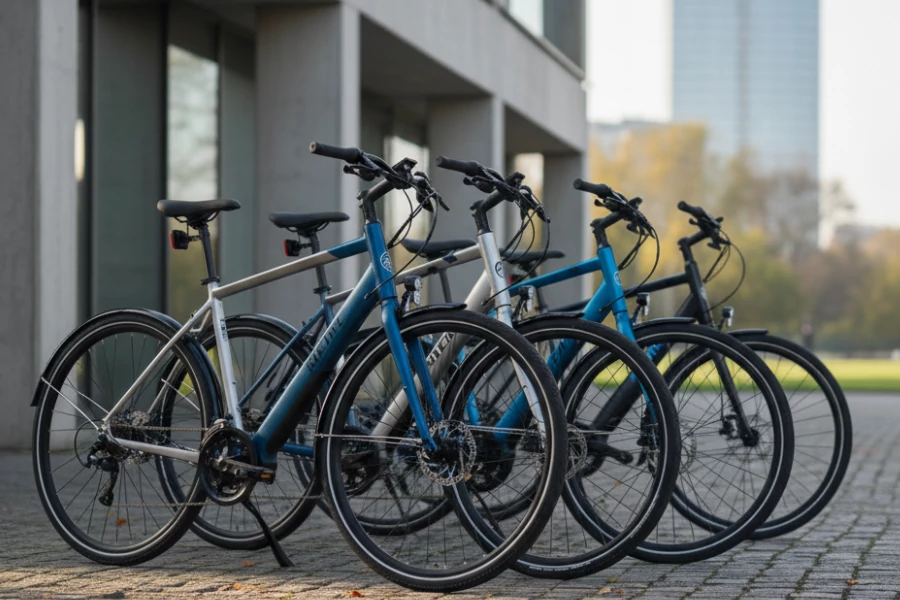Bicicletas híbridas de uso urbano en un camino de parque, ideal para ciudad y trayectos recreativos.
