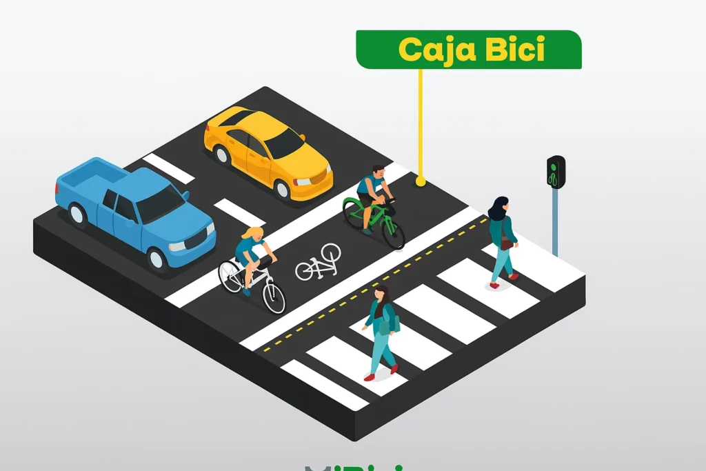 ilustración de caja de espera ciclista mostrando prioridad de bicicletas frente a autos en intersección