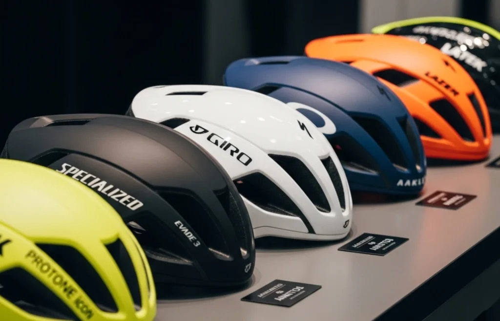 Varios cascos para ciclismo  en diferentes colores y marcas