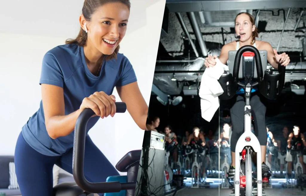 Comparación entre entrenamiento en bicicleta estática en casa y una clase grupal de spinning en gimnasio.