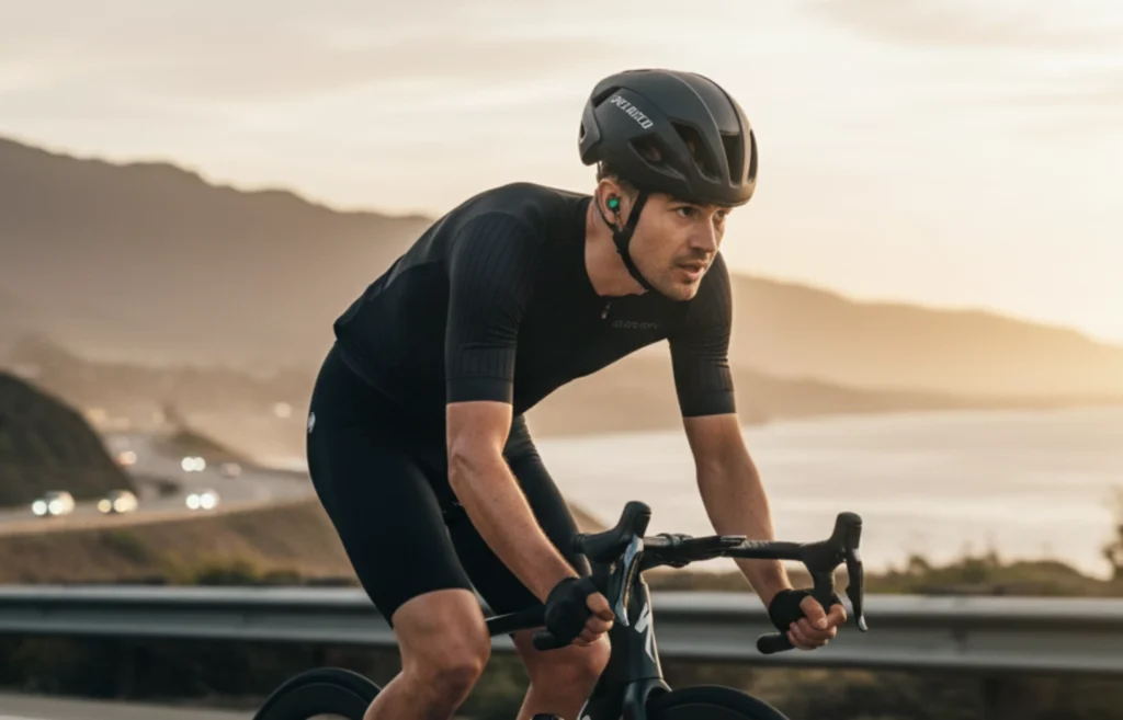 Ciclista en carretera usando casco 