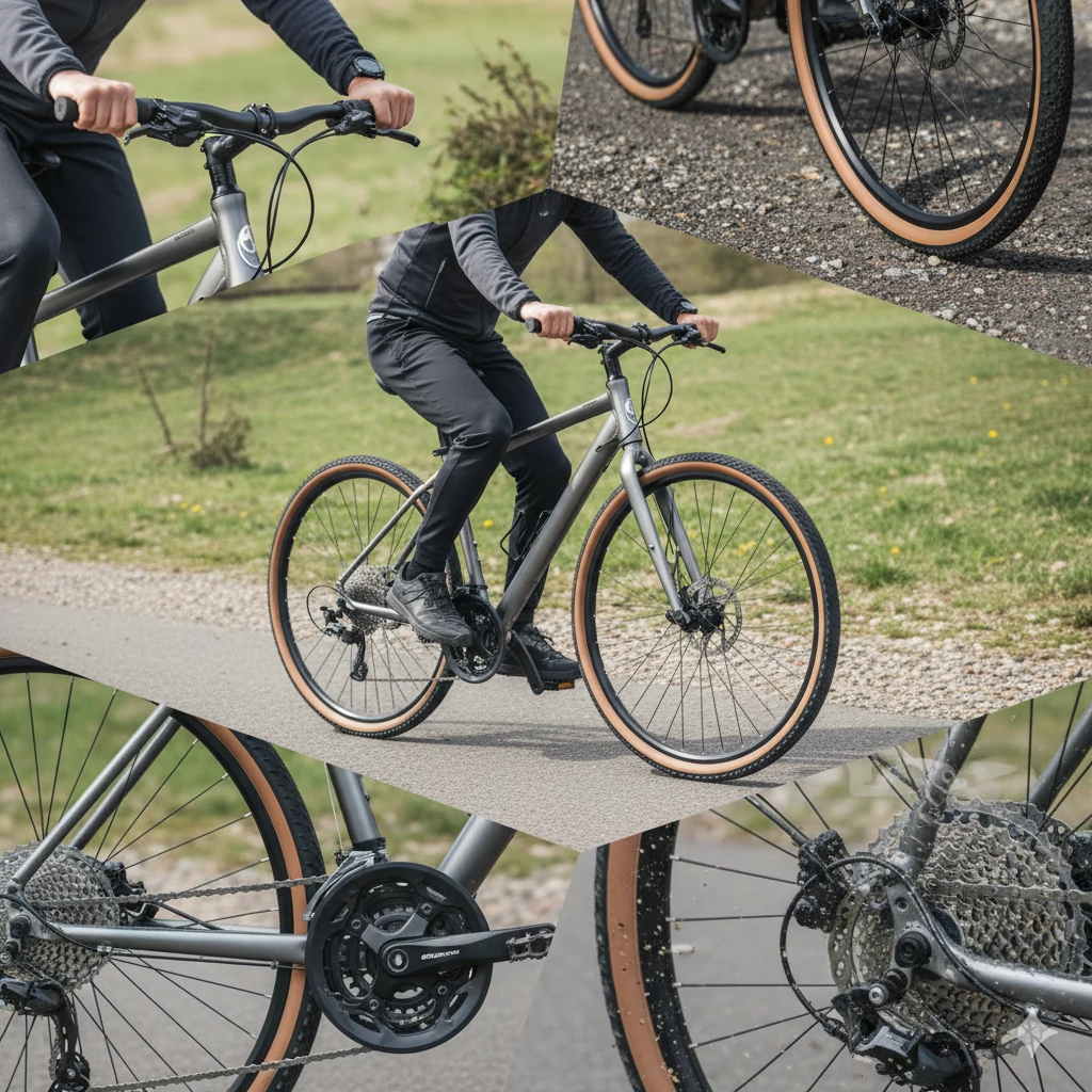 Componentes de bicicleta híbrida, transmisión, llantas y manubrio recto para mayor comodidad.