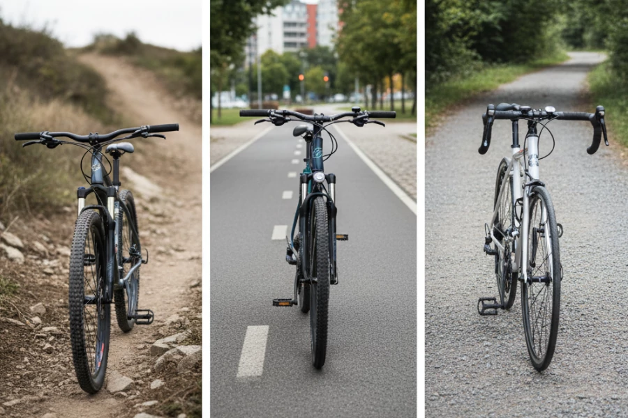 Comparación de bicicletas de montaña, ruta y bicicletas híbridas en diferentes superficies de rodaje.
