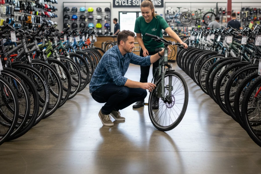 Cliente revisando con asesor la elección de su bicicleta híbrida en una tienda especializada.