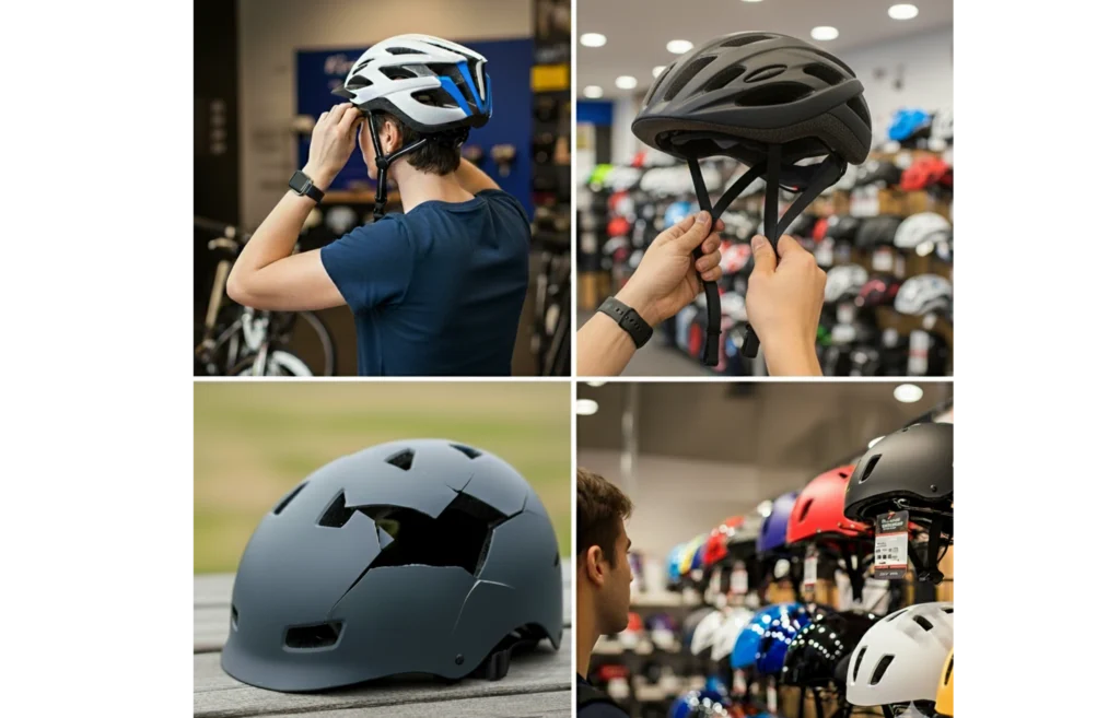 Persona probando y eligiendo cascos para ciclismo en tienda