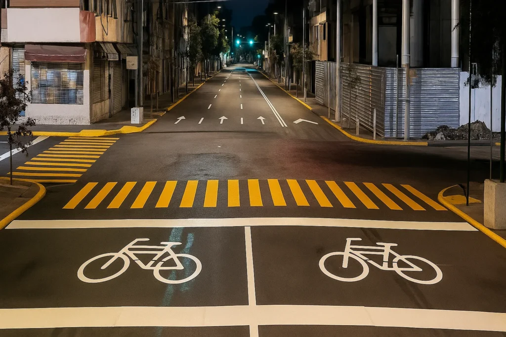 caja de espera ciclista señalizada en cruce urbano nocturno con carril bici