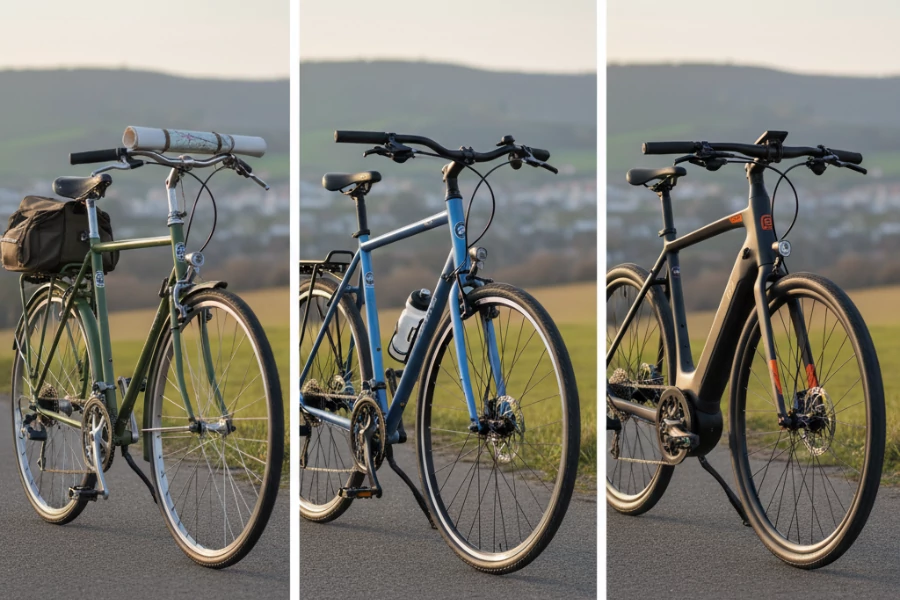 Tres modelos de bicicletas híbridas mostrando su evolución en diseño y características modernas.