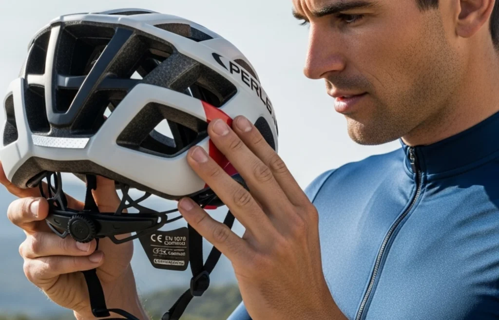 Ciclista revisando un casco para ciclismo de ruta con certificación