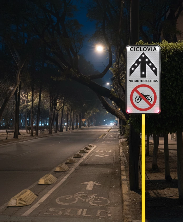 Señal vertical de prohibido motocicletas instalada en ciclovía para mejorar seguridad vial y prevenir obstrucción de los carriles exclusivos.