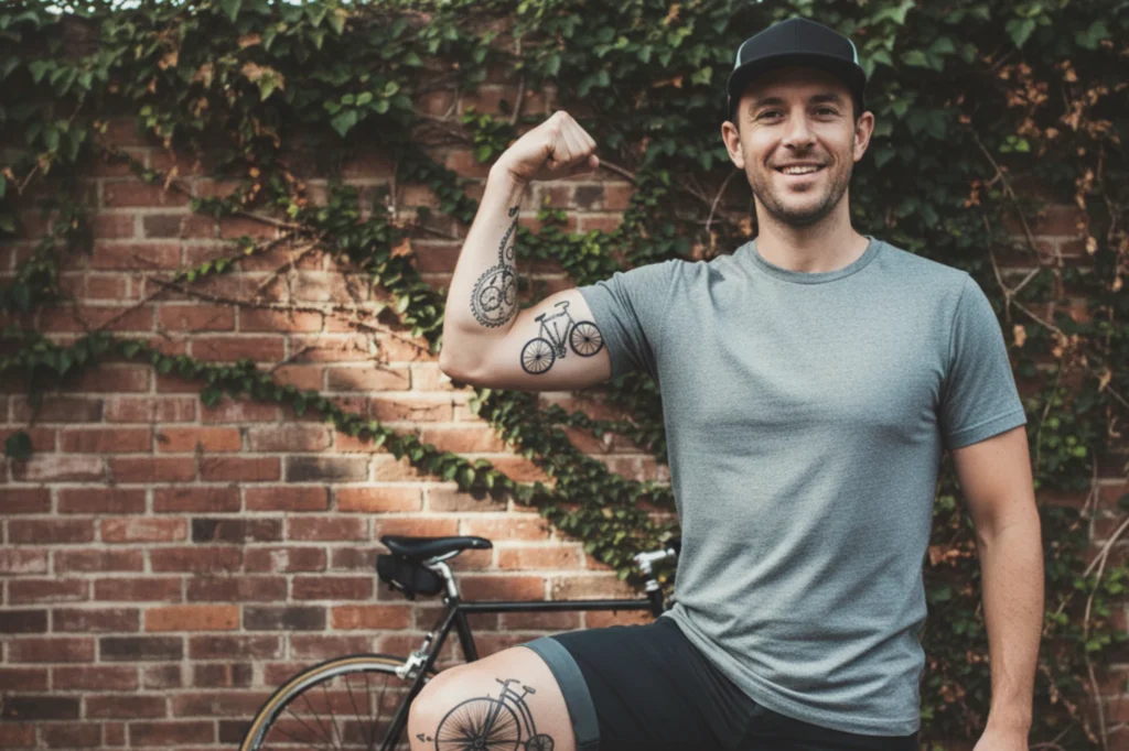 atuajes de bicicletas en el brazo y pierna de un ciclista urbano.