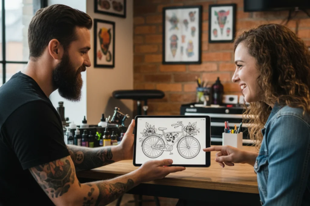 diseño artístico de tatuajes de bicicletas con estilo floral en estudio de tatuajes.