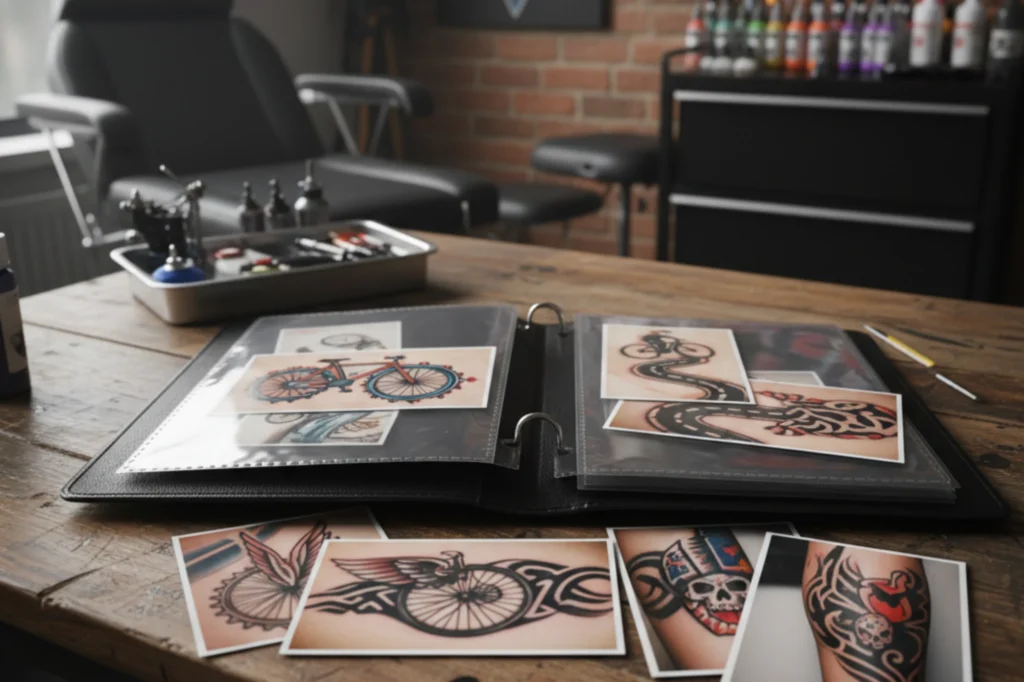 diseños de tatuajes de ciclismo urbano y engranajes mecánicos.