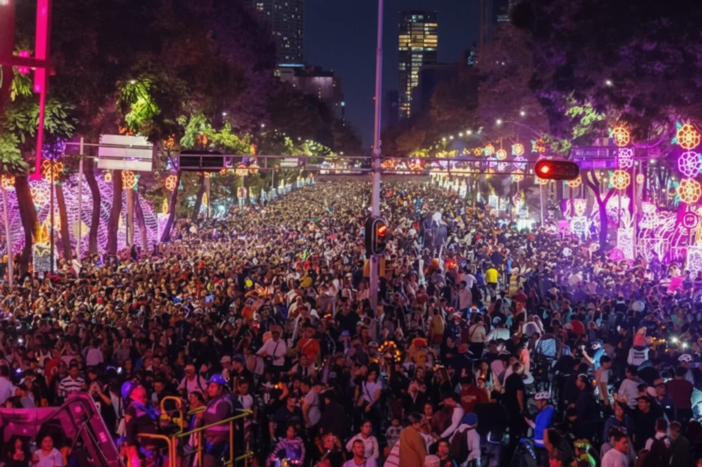 Multitud celebrando el Paseo nocturno Día de Muertos 2025 sobre Paseo de la Reforma, con iluminación decorativa, ambiente festivo y gran asistencia de familias y ciclistas