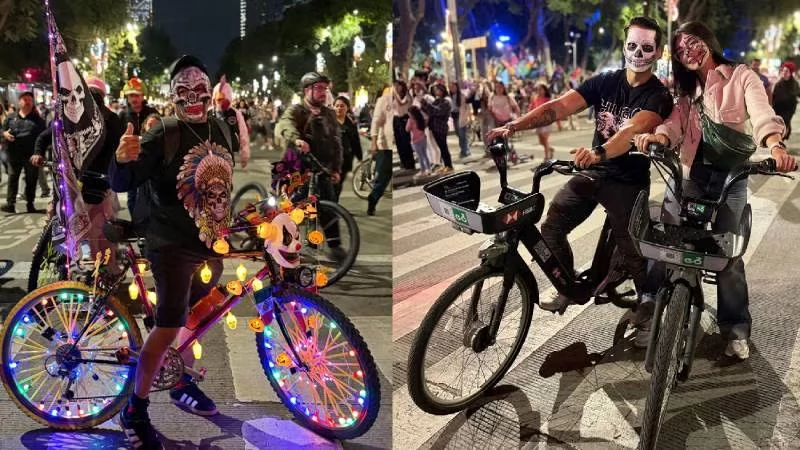 Ciclistas disfrazados y bicicletas iluminadas durante la rodada nocturna del Día de Muertos en Ciudad de México, un evento que combina cultura, movilidad y celebración.