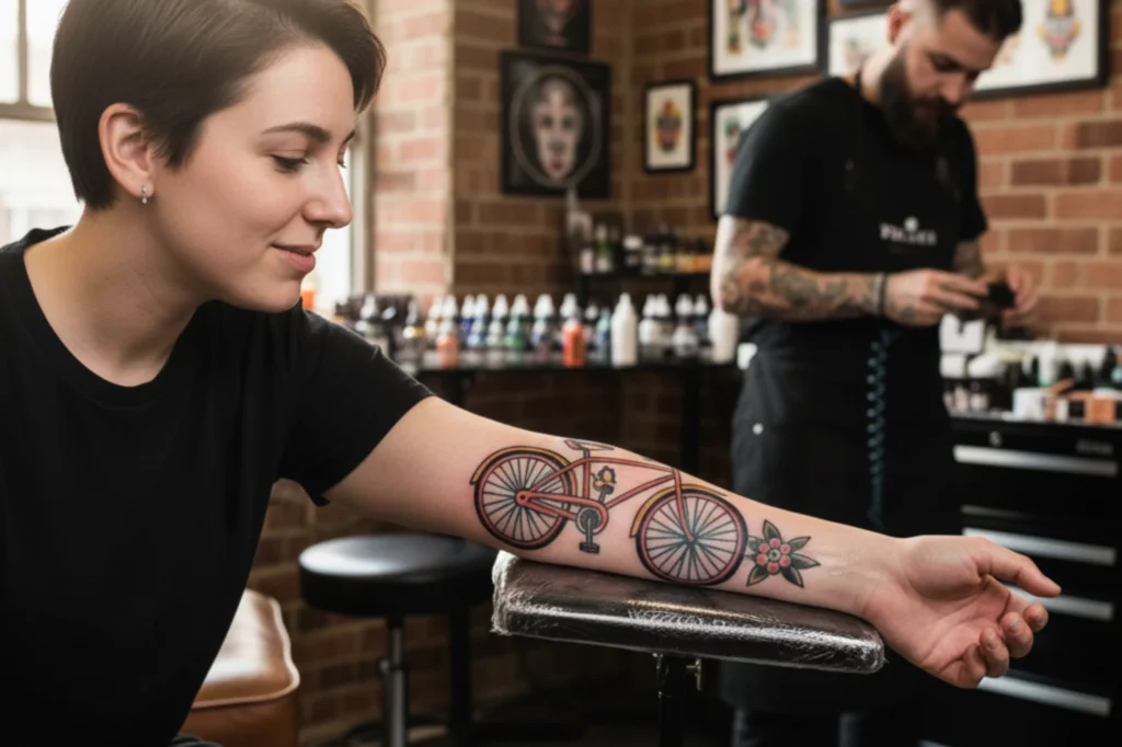 tatuaje ciclista recién hecho con diseño colorido en el brazo.