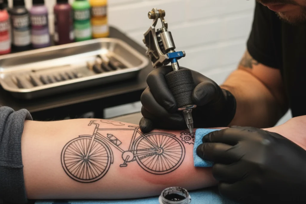 proceso de tatuaje de bicicleta minimalista en estudio profesional.