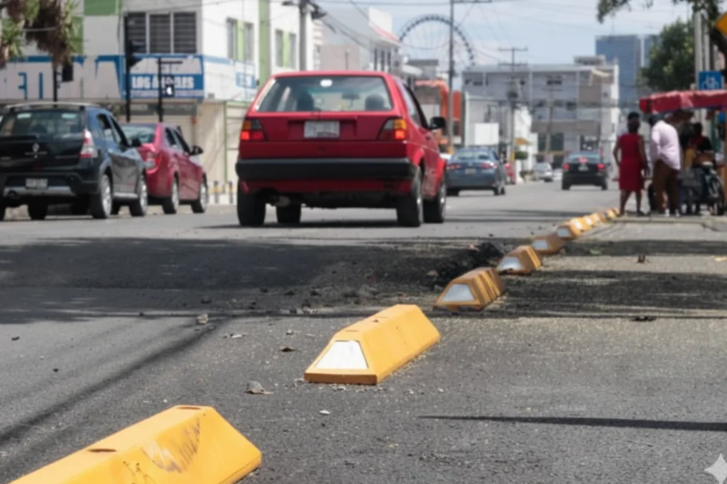 Canalizadores viales en Puebla que separan la ciclovía del tránsito vehicular y refuerzan la seguridad urbana.
