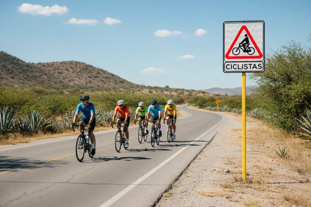 Señalización ciclista que alerta sobre la presencia frecuente de bicicletas en carretera.