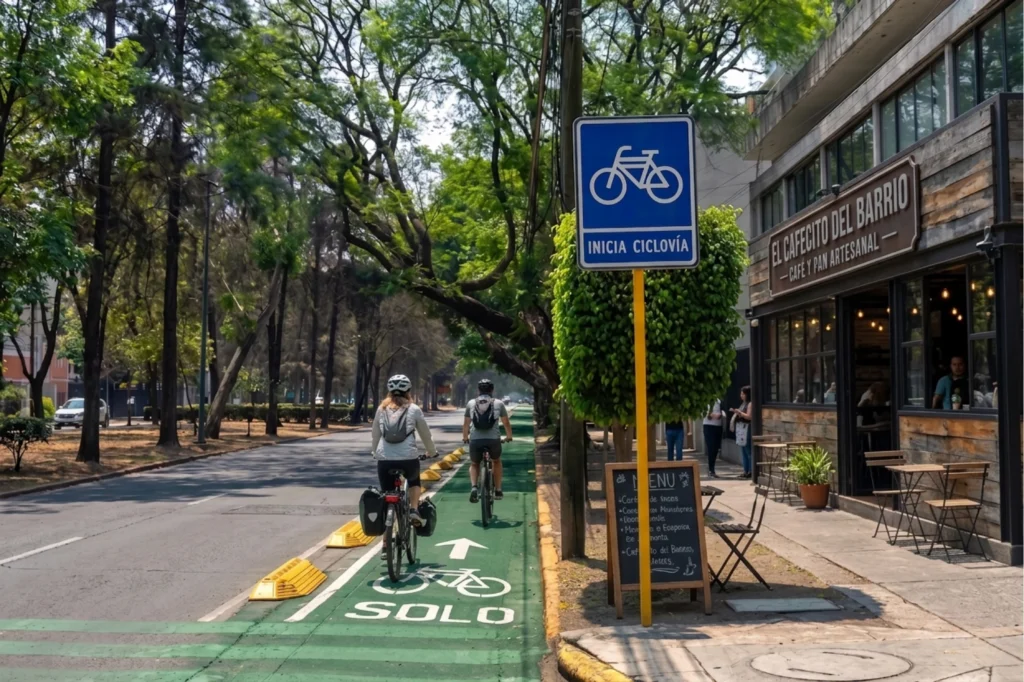 Carril ciclista urbano junto a comercios locales para fomentar movilidad en bicicleta y economía de barrio